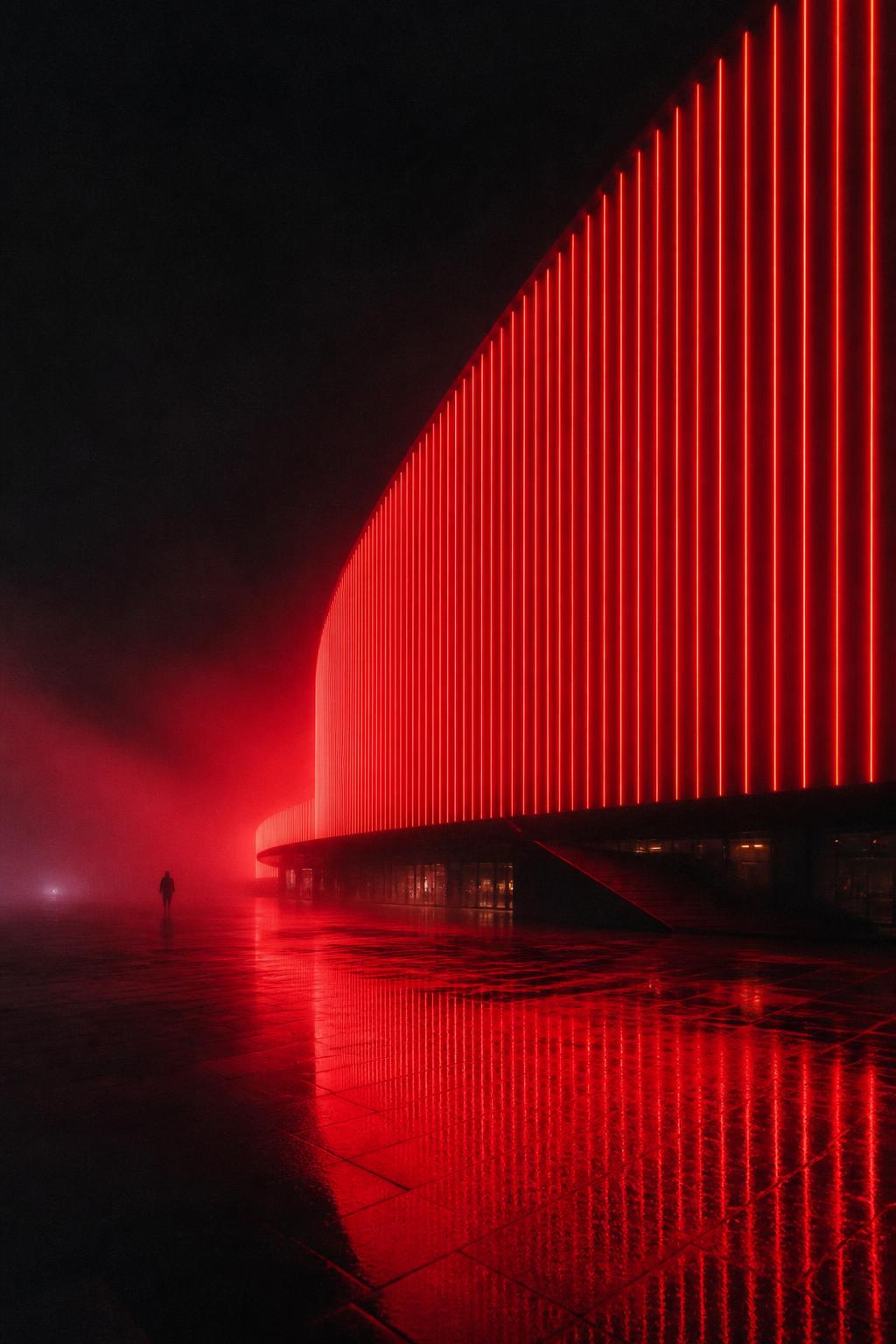 Fachada curva iluminada por lamas de neón rojo reflejada en el suelo mojado
